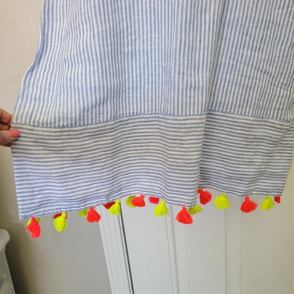 Vineyard Vines Linen Blue White Striped Sleeveless Dress Neon Tassels Size XS - Picture 4 of 12